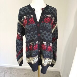 Vintage Cardigan Floral Print Button Front Knit Feminine Cottage Grannyc Large
